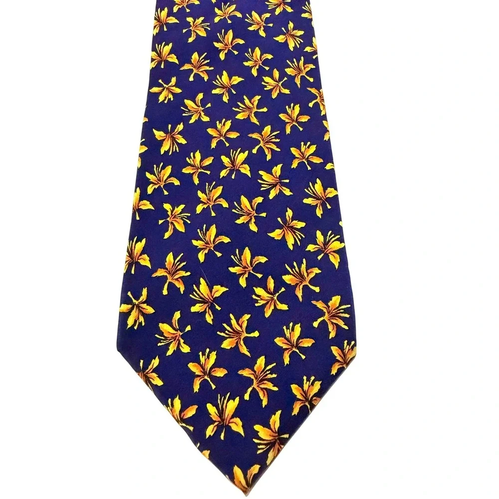 J. Garcia Silk Tie Landscape With Eye Collection Ten Navy Floral Lily Art